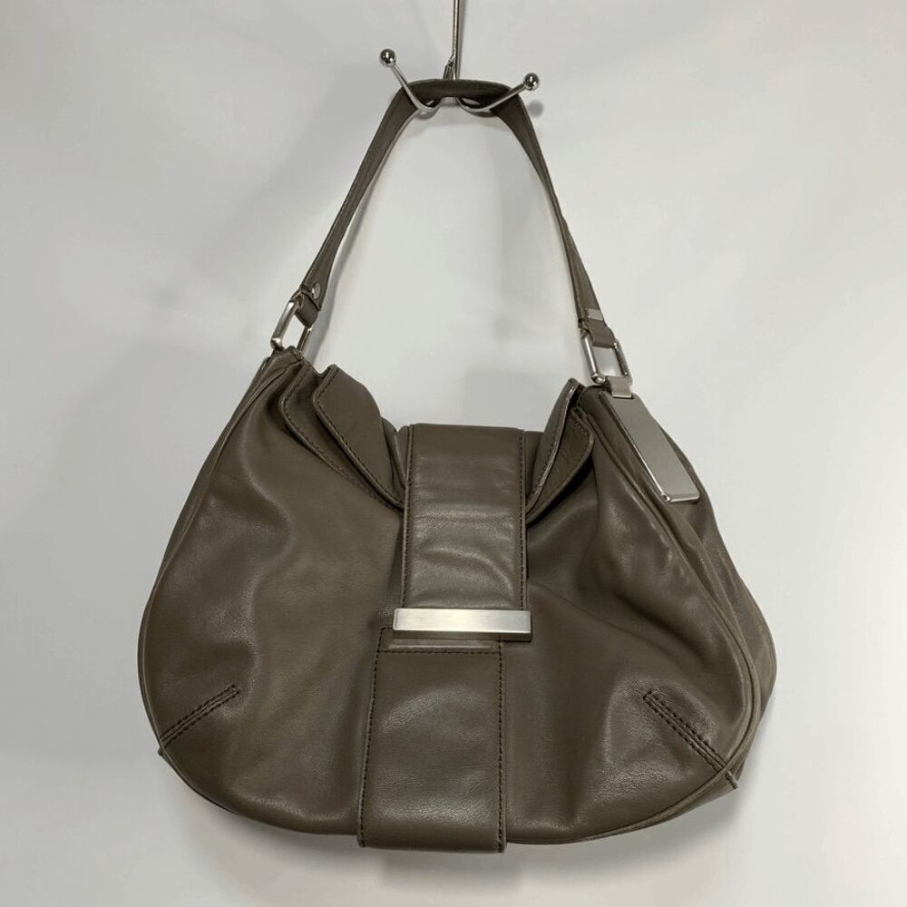 Banana Republic Leather Top Handle Magnetic Closure Hobo Bag Gray taupe color